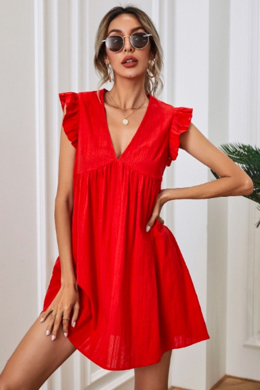 Ruffle Trim Mini Dress Red – Styched Fashion