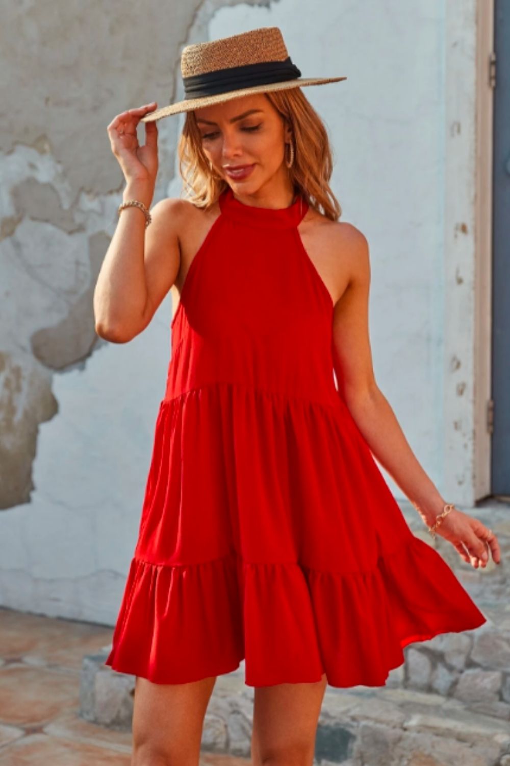 Tie Back Ruffle Hem Halter Smock Dress – Styched Fashion