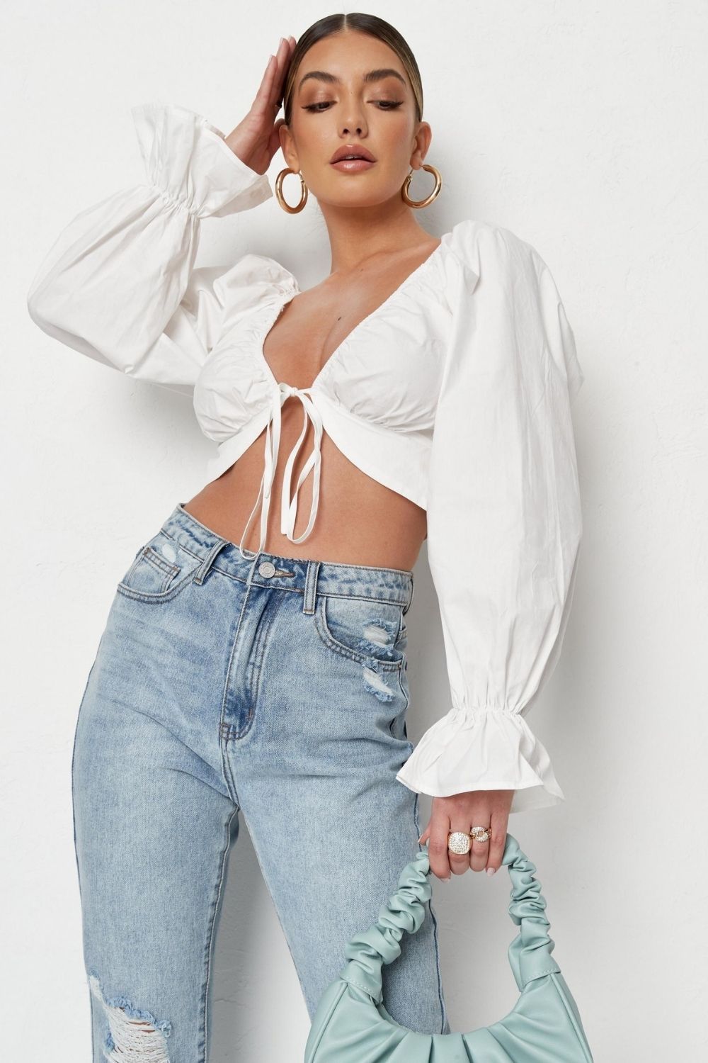 White T shirt Full Sleeves Crop Top – Styched Fashion