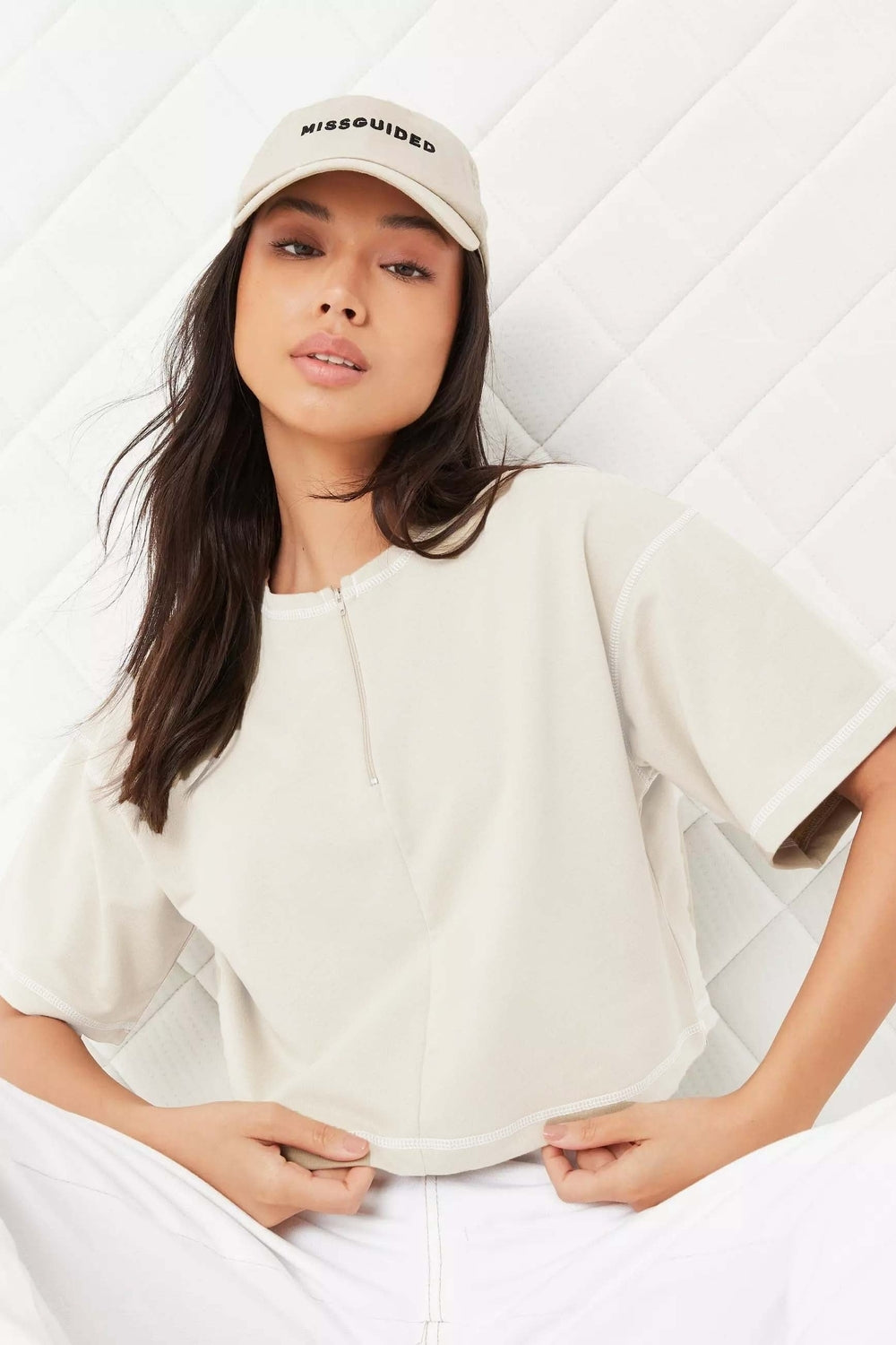 Contrast Stitch Half Zip Cropped T Shirt