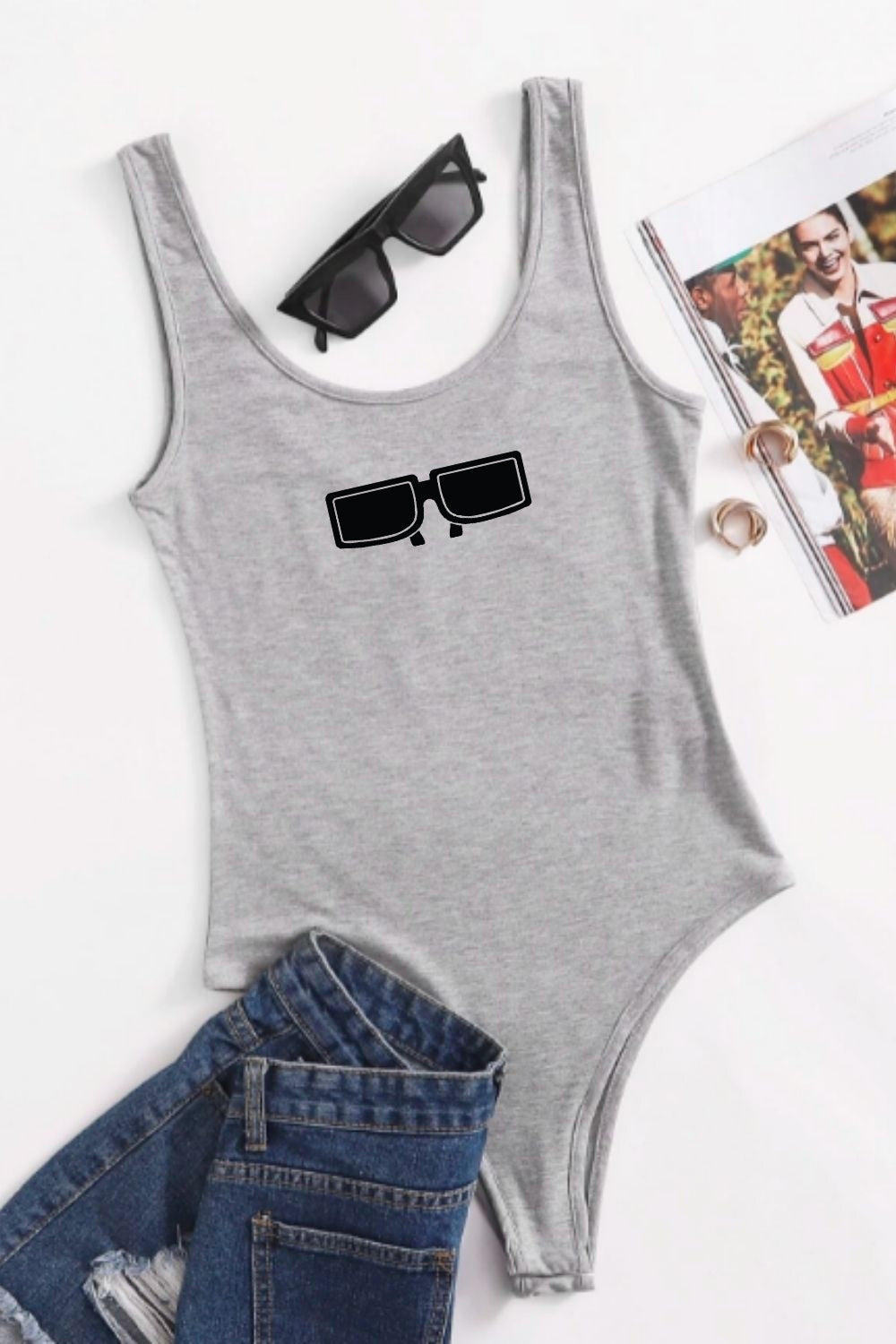 Grey Printed Sleeveless Bodysuit