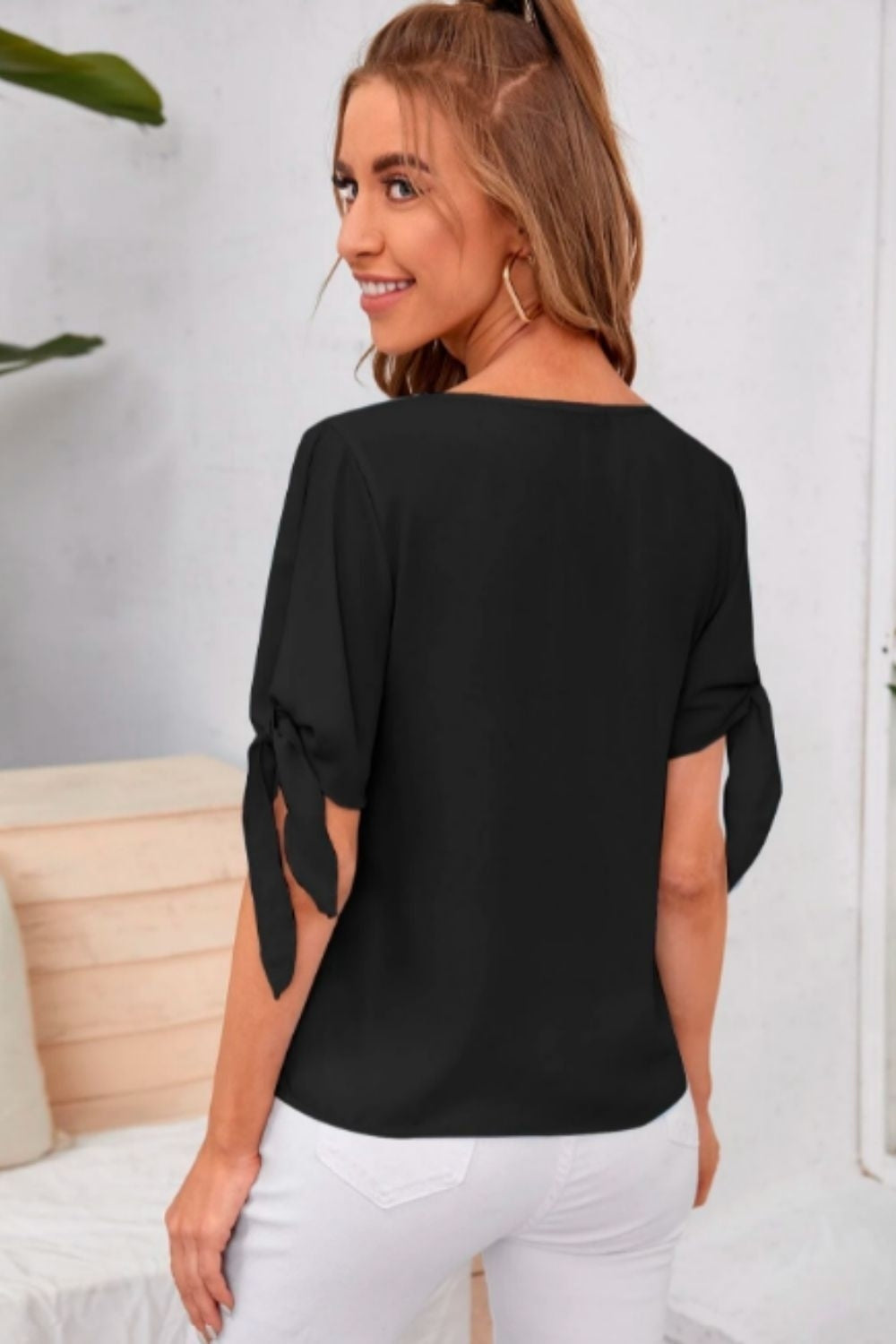 Knot Cuff Solid Blouse