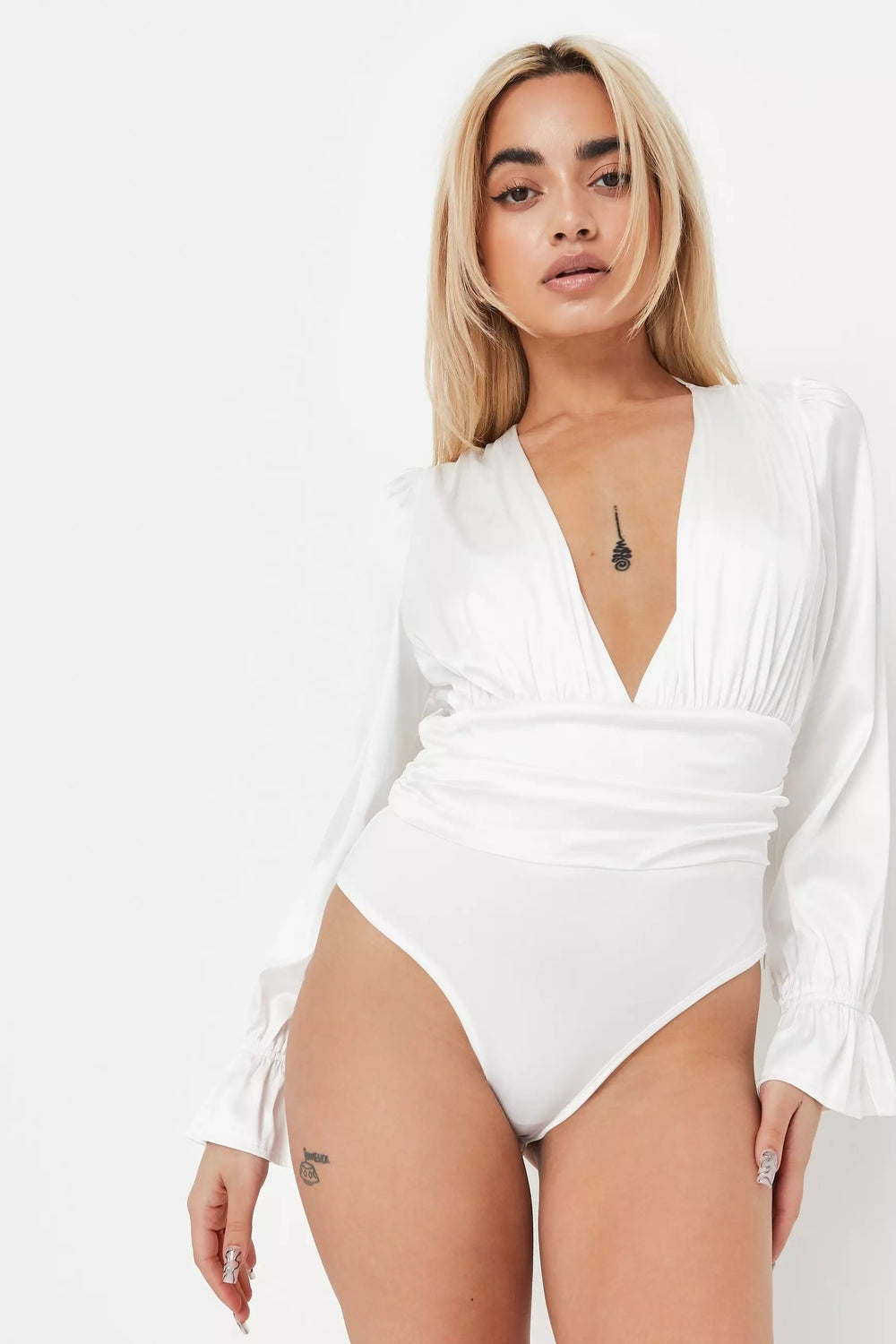 Petite White Plunge Long Sleeve Bodysuit