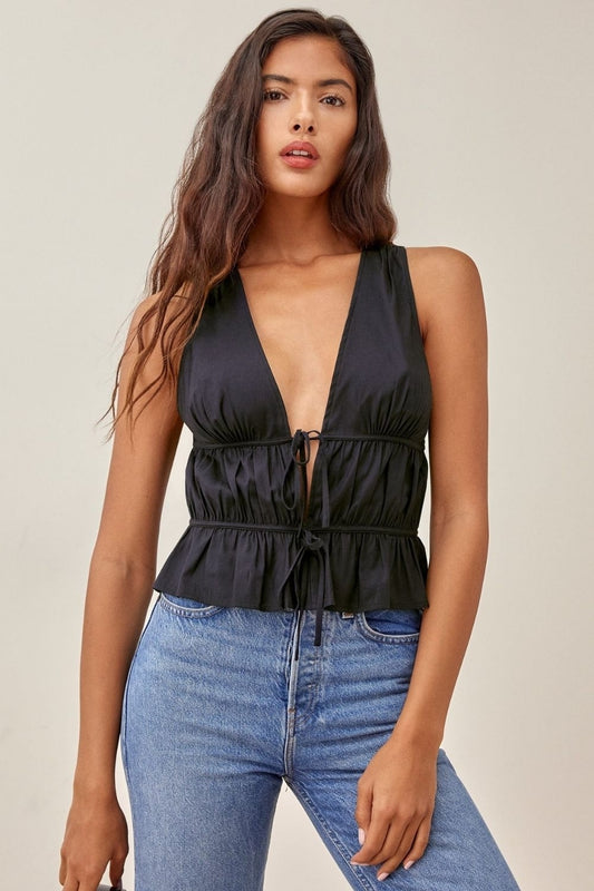 Plunge Neckline Black Front Tieing Top