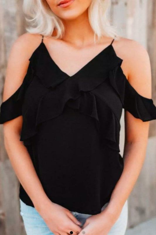 Ruffled Cold Shoulder 
Spaghetti Strap Blouse Black