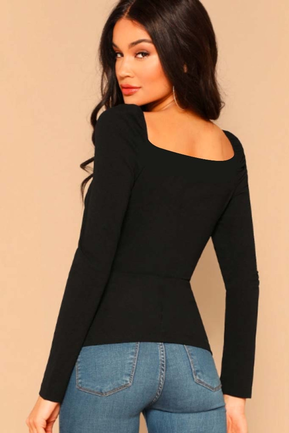 Sweetheart Neck Full Sleeve Black Top