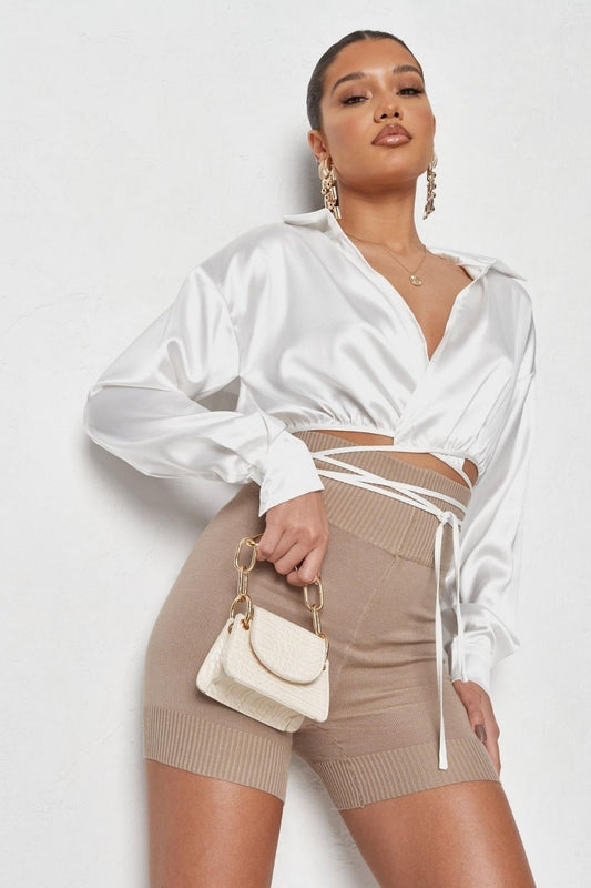 White Satin Wrap Front Shirt