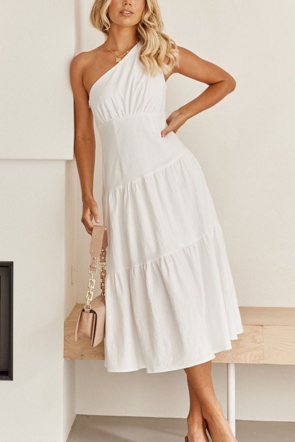 Asymmetric Shoulder White Dress