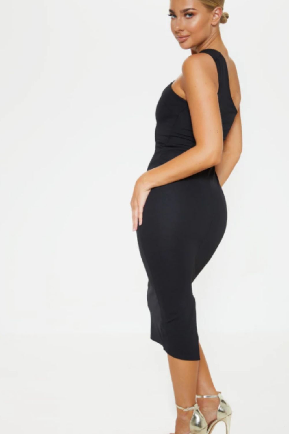 Asymmetrical Neck Line Black Midi Dress