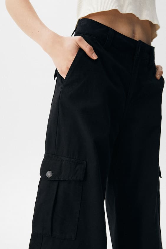 PullBear high waist straight leg cargo pants in black  ASOS