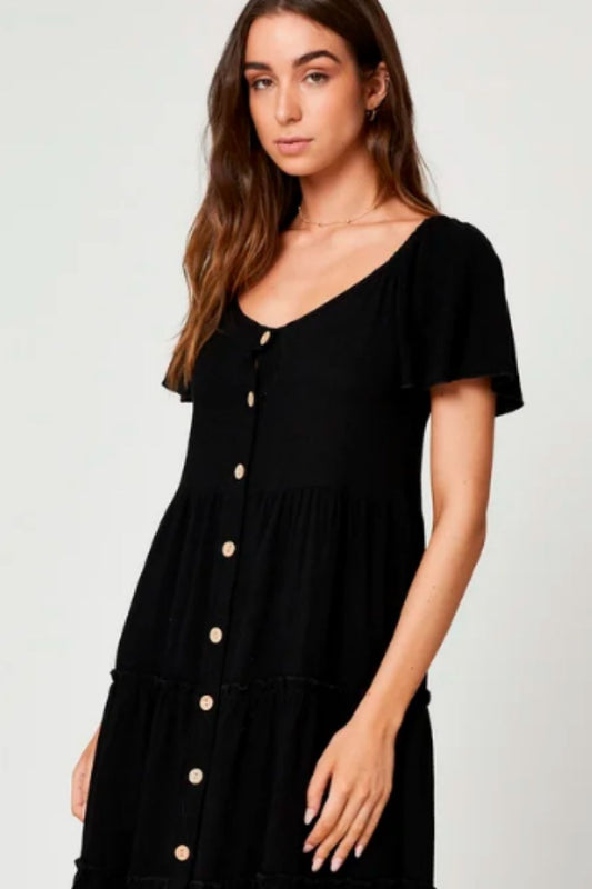 Button Front Ruffle Midi Dress