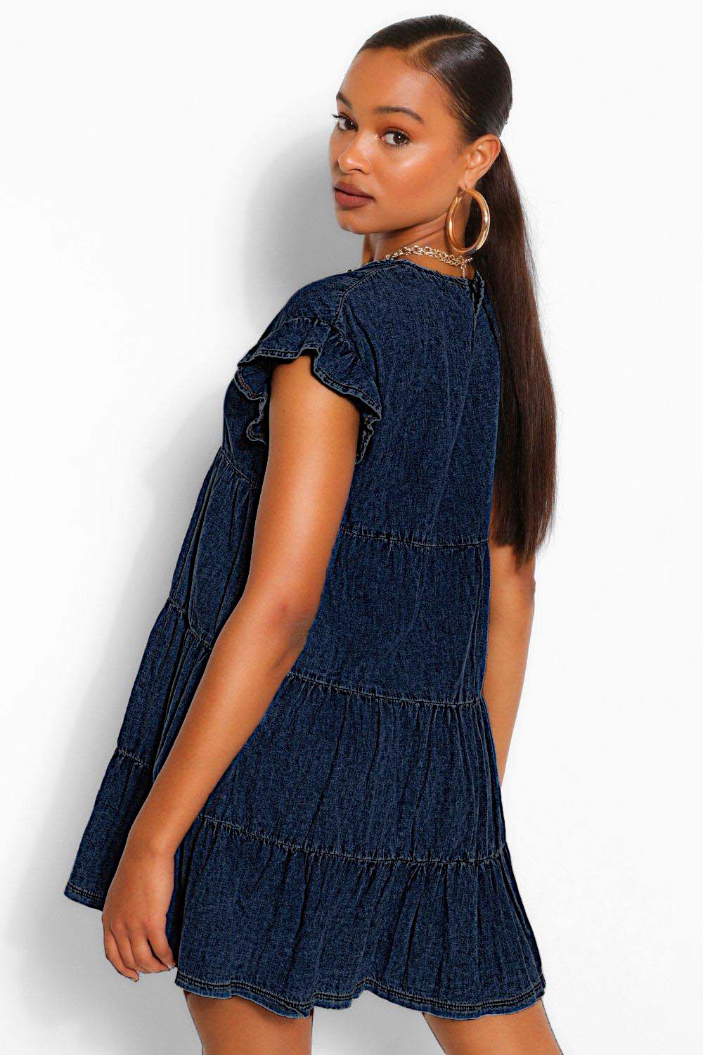 ASOS Denim Ruffle Plunge Tiered Mini Dress With Diamante Buttons in Blue |  Lyst