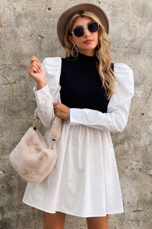 Mock Neck Puff Sleeve Color Block Dress