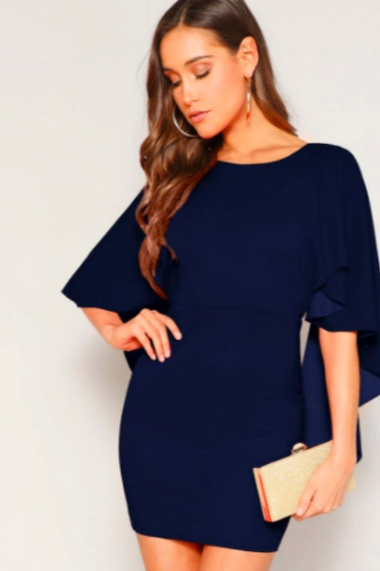 Open Back Asymmetrical Sleeve Dress Blue