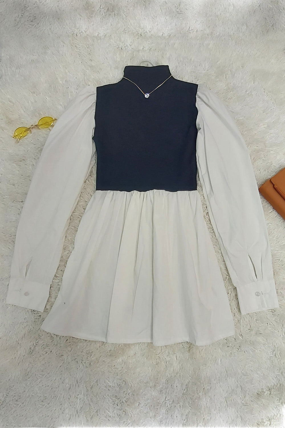 Mock Neck Puff Sleeve Color Block Dress Styched Fashion