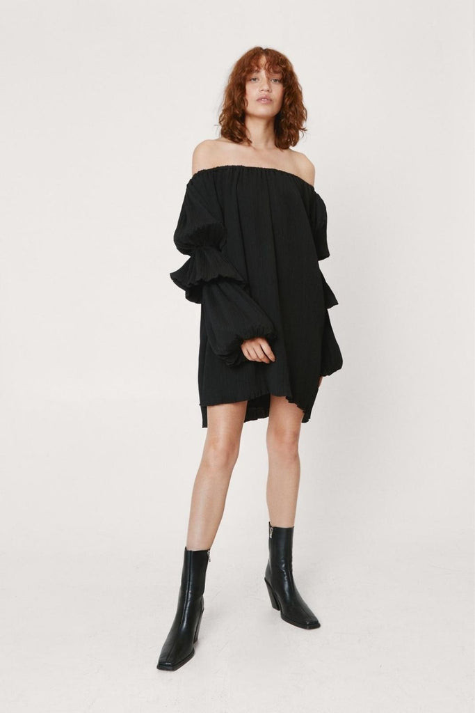 Pleated Puff Sleeve Bardot Mini Dress Styched Fashion