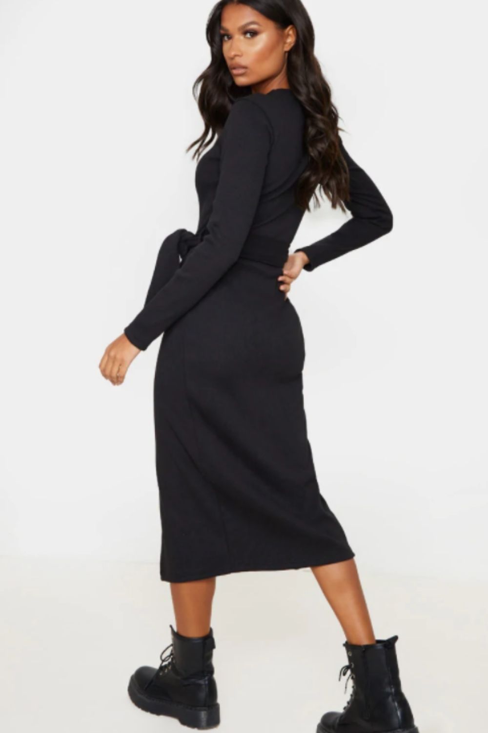 Black Satin Dress - Long Sleeve Midi Dress - Stretch Satin Dress - Lulus