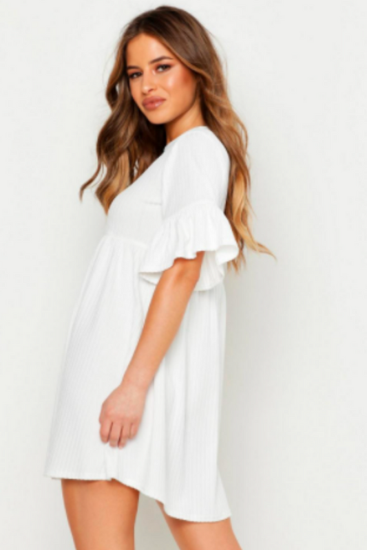 Round Neck Ruffled Hem sleeve White Dress