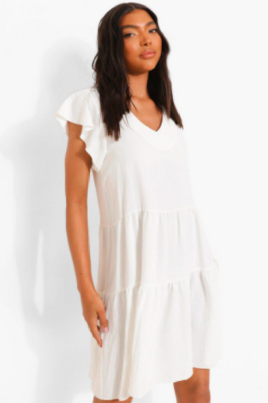 Ruffled Sleeve V Neck Dress