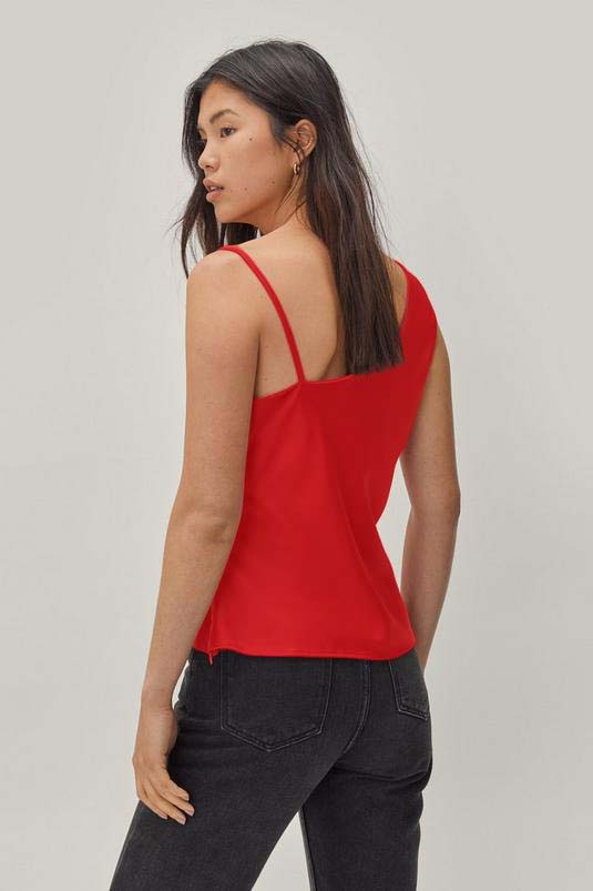 Red Satin Strappy Back Cowl Neck Cami, Tops