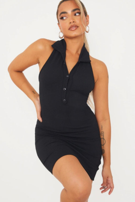 Sleeveless Collar Black Mini Dress