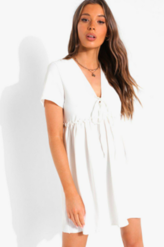 V Neck Ruffled White Dress