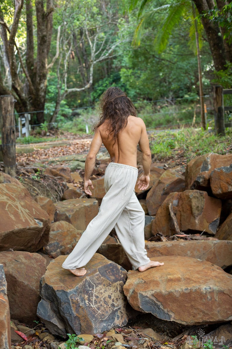 Amazon.com: Yugi Beige Mens Cotton Yoga Pants Natural Plant Dyed Pockets  Yogi Breathable Gym Straight Trousers Flexible Drawstring Festival Rave :  Clothing, Shoes & Jewelry
