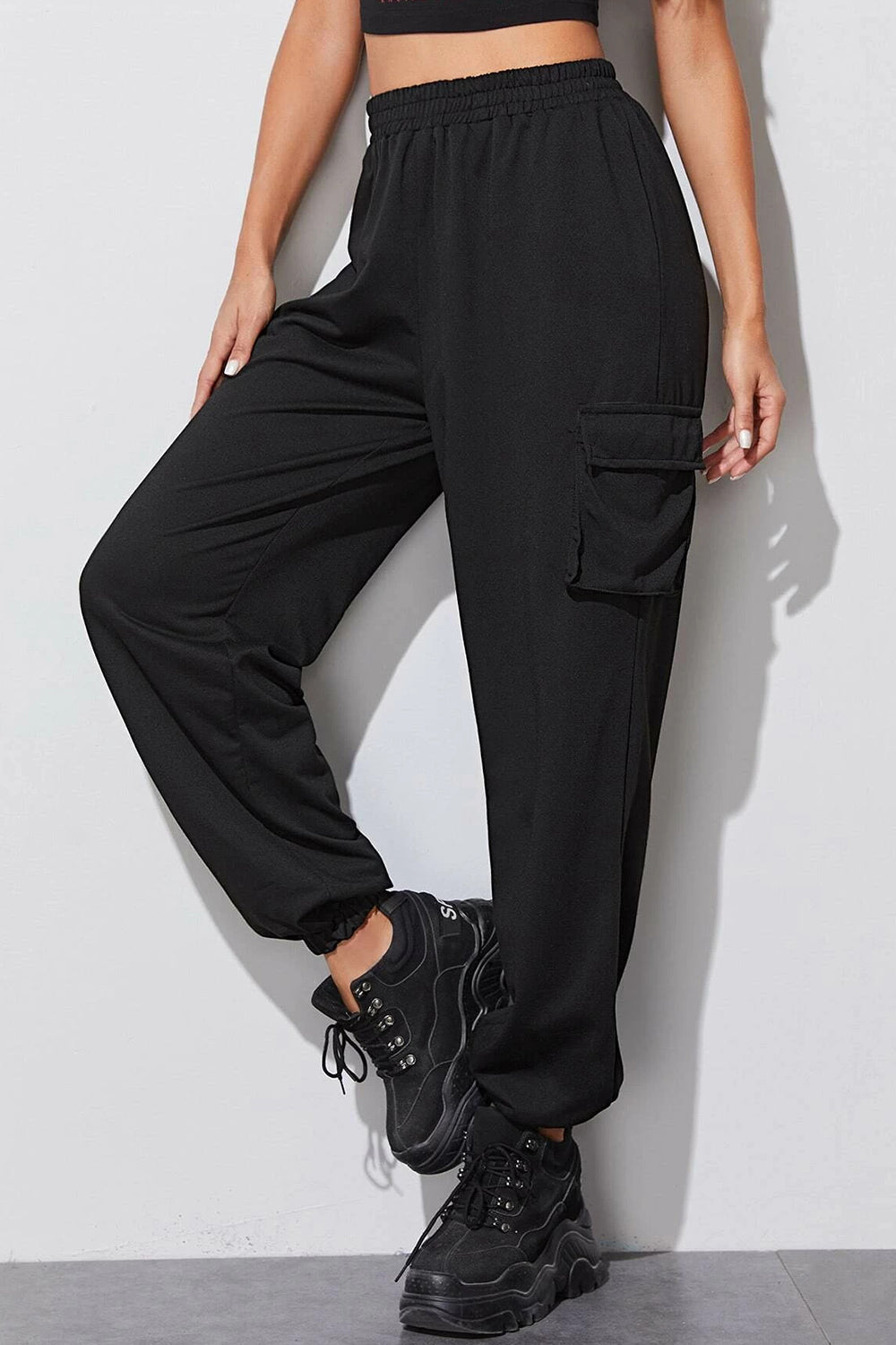 Fashion Black Cargo Pants With Elastic Band